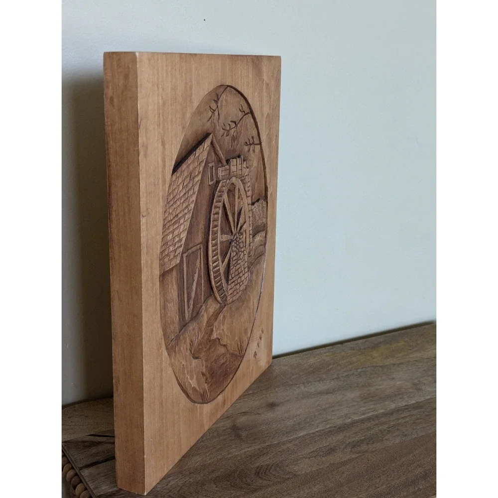Vintage Hand Carved Wood Relief 3-D Wall Plaque Decor Water Mill Wheel Signed